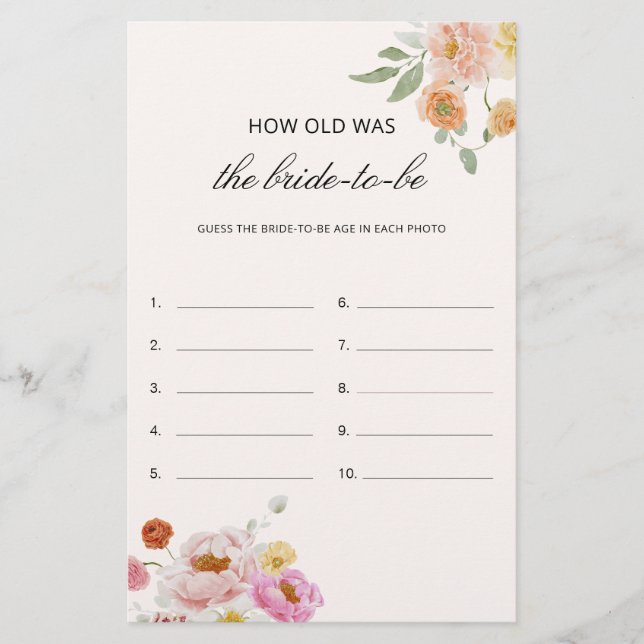 How Old Was The Bride Bridal Shower Game Card (Vorderseite)