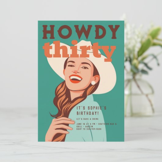 Howdy 30 Western Retro Orange Aquamarin 30. Geburt Einladung (Stehend Vorderseite)