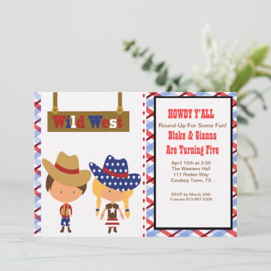 HOWDY!AmericanCowboy & Cowgirl Einladung (Stehend Vorderseite)
