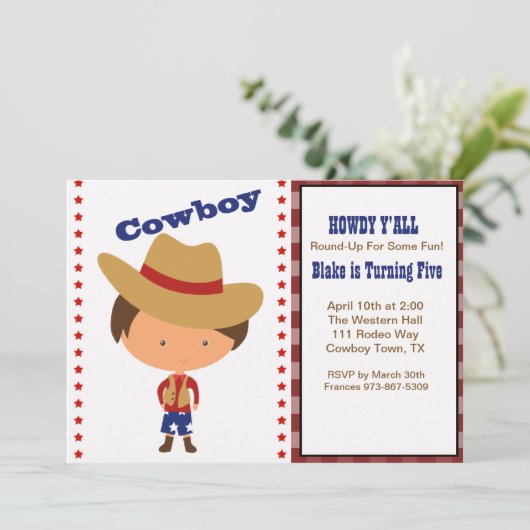 HOWDY! Boys Cowboy zum Geburtstag Einladung (Stehend Vorderseite)