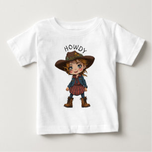 Howdy Cartoon Cowgirl Cowboy Hat Country Kids Gesc Baby T-shirt