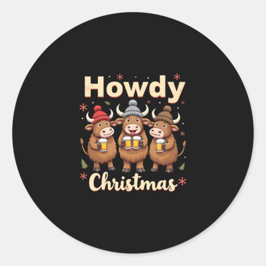 Howdy Christmas Funny Highland Cow Xmas Cows Lover Runder Aufkleber (Vorderseite)