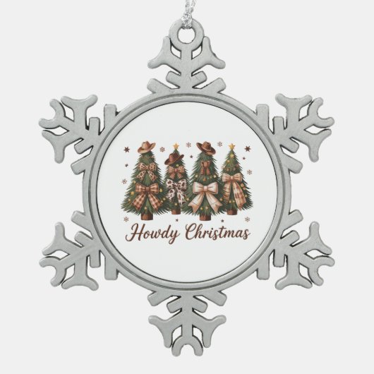Howdy Christmas Western Xmas Tree Leopard Bow Schneeflocken Zinn-Ornament (Vorderseite)