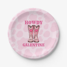 Howdy Galentine Pink Western Cowgirl Paper Plate