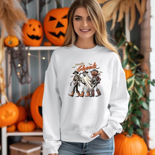 Howdy Ghouls Halloween Pumpkin Geist Skeleton Sweatshirt