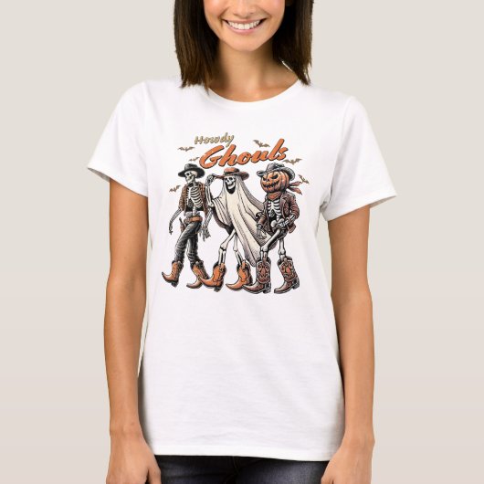 Howdy Gouls Western Halloween Skelettkürbis T-Shirt (Vorderseite)