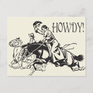 Howdy mit Vintagem Zeichn von Cowgirls auf Pferden Postkarte