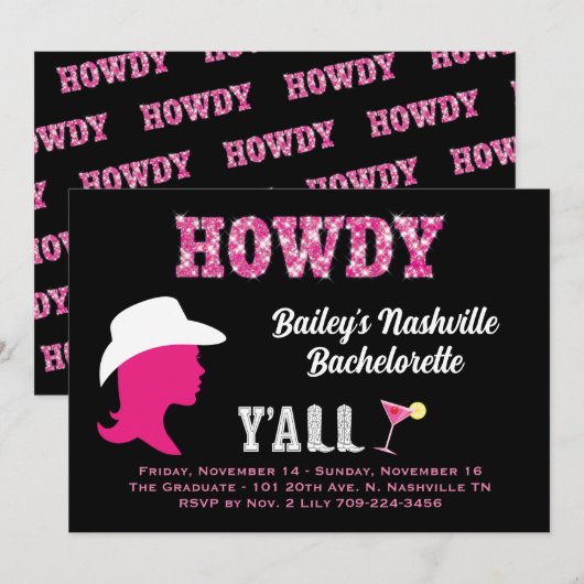 Howdy Nashville Bachelorette Einladung (Vorne/Hinten)