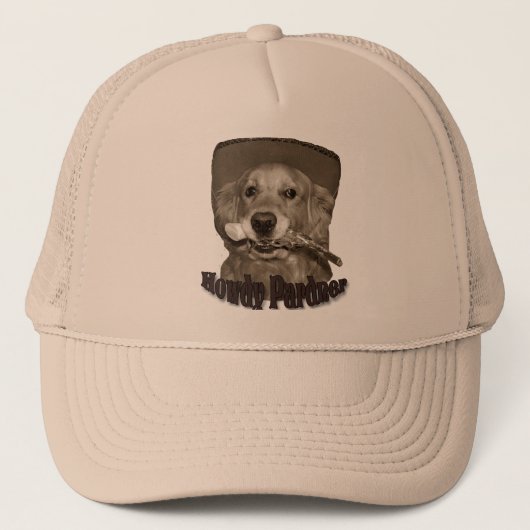 Howdy Pardner Golden Retriever Cowboy Truckerkappe (Vorderseite)