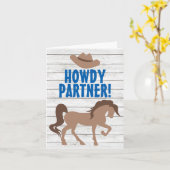 Howdy Partner Brown Horse und Cowboy Hat Western Karte (Gelbe Blume)