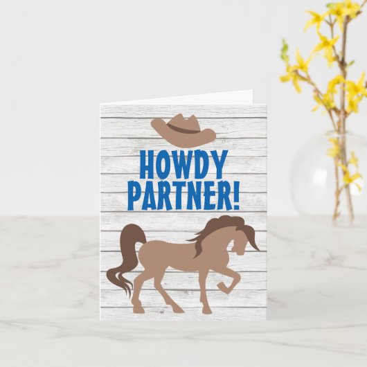 Howdy Partner Brown Horse und Cowboy Hat Western Karte (Gelbe Blume)