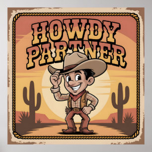 "Howdy Partner" Retro-Cowboy-Sonnenuntergang-Illus Poster