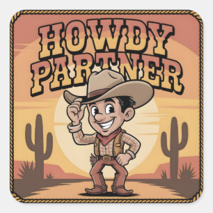 "Howdy Partner" Retro-Cowboy-Sonnenuntergangs-Illu Quadratischer Aufkleber