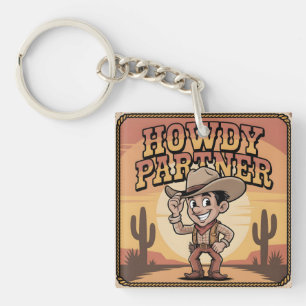 "Howdy Partner" Retro-Cowboy-Sonnenuntergangs-Illu Schlüsselanhänger