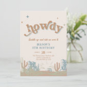 Howdy! Western Blue Cowboy Birthday Einladung (Stehend Vorderseite)