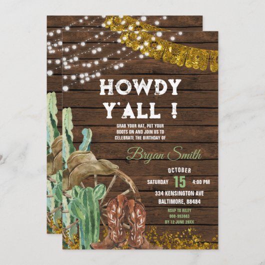 Howdy Y'All Southwestern Cactus Boots Birthday Einladung (Vorne/Hinten)
