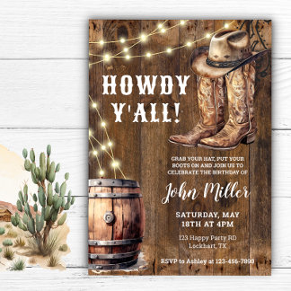 Howdy Y'All Western Geburtstag Cowboy Stiefel und Einladung