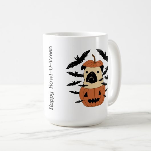 Howl-O-Ween-Mops in einem Jack-O-Lantern mit Flede Kaffeetasse (VorderseiteRechts)