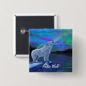 Howling Arctic Wolf & Aurora Wildlife Art Abzeiche Button (Vorne & Hinten)