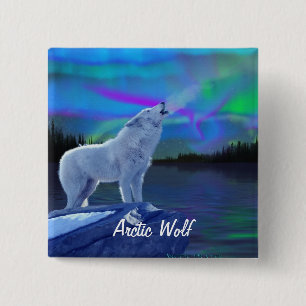Howling Arctic Wolf & Aurora Wildlife Art Abzeiche Button