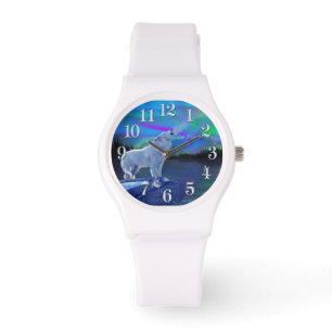 Howling Arctic Wolf & Moon Wildlife Art Armbanduhr