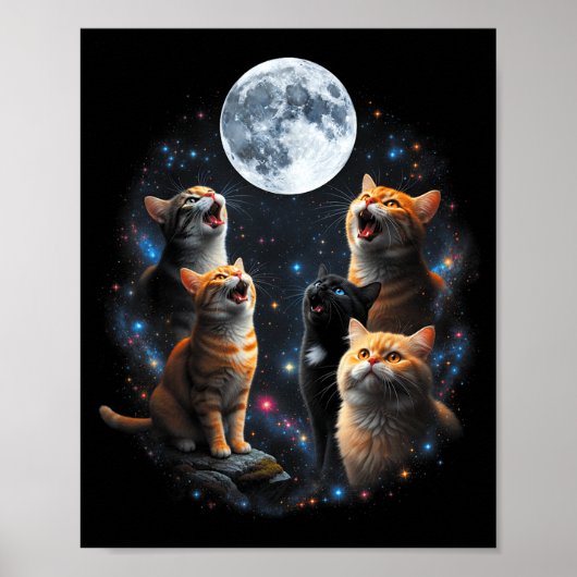 Howling Cats Full Moon Starry Sky Galaxy Cosmic An Poster (Vorne)