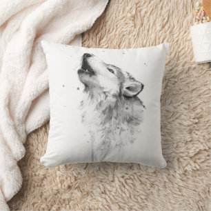 Howling Grauer Wolf im Aquarellmalstil Kissen