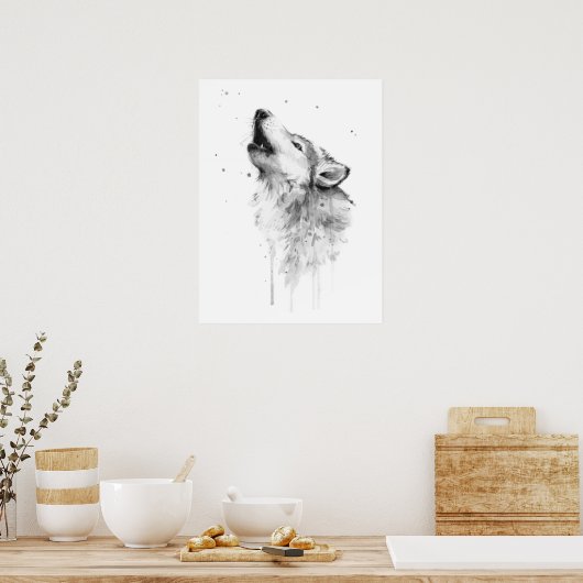 Howling Grauer Wolf im Aquarellmalstil Poster (Küche)