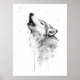 Howling Grauer Wolf im Aquarellmalstil Poster