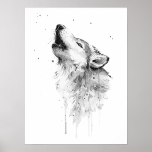 Howling Grauer Wolf im Aquarellmalstil Poster (Vorne)