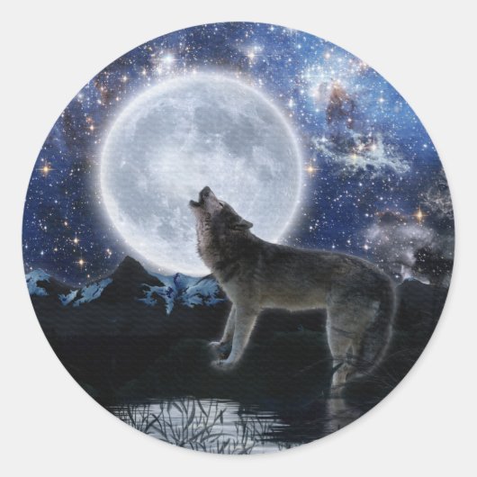 Howling Gray Wolf & Moon Runder Aufkleber (Vorderseite)
