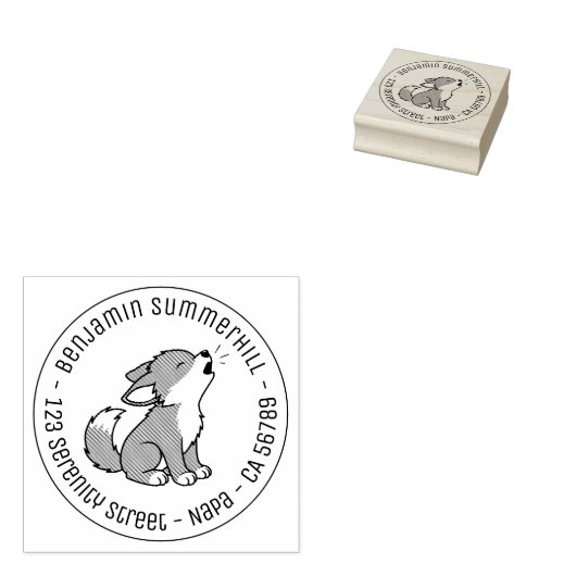 Howling Grey Wolf Pup Round Address Gummistempel (Stempel)