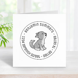Howling Grey Wolf Pup Round Address Gummistempel
