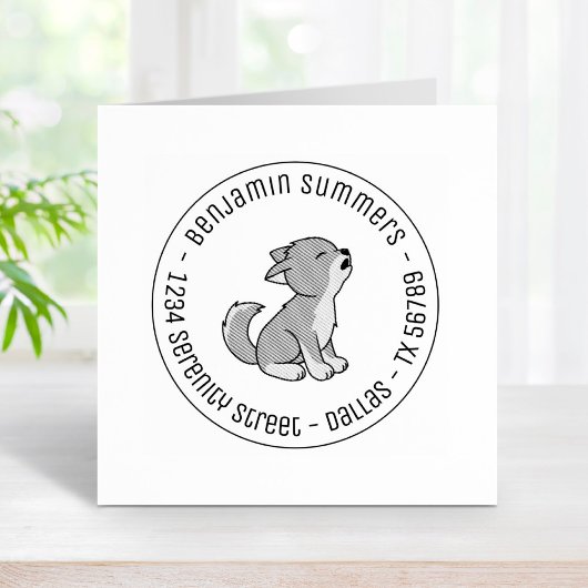 Howling Grey Wolf Pup Round Address Gummistempel
