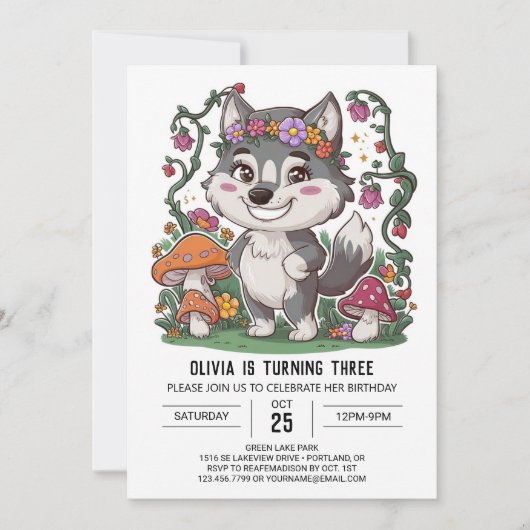 Howling Whimsical Digital Wolf Geburtstag Einladung (Vorderseite)