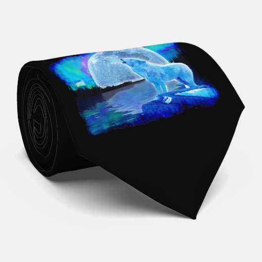 Howling White Wolf & Moon Fantasy Art Krawatte (Gerollt)