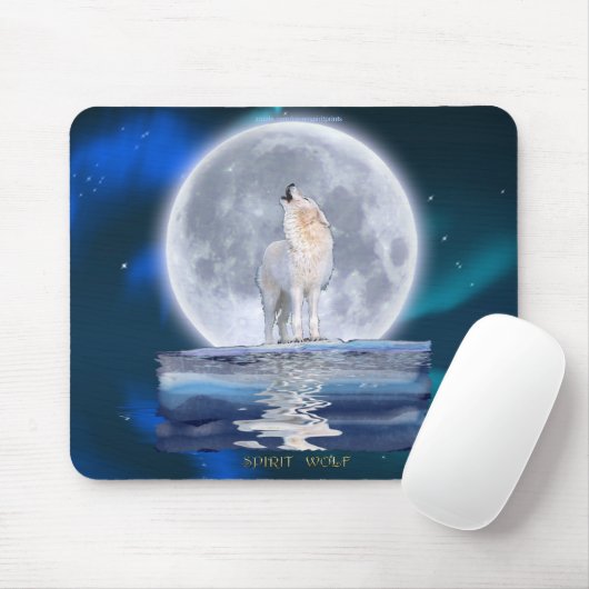 Howling White Wolf & Moon Wildlife Fantasy Mousepad (Mit Mouse)