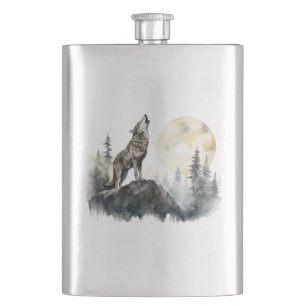 Howling Wolf Art auf Stahlflache Flachmann
