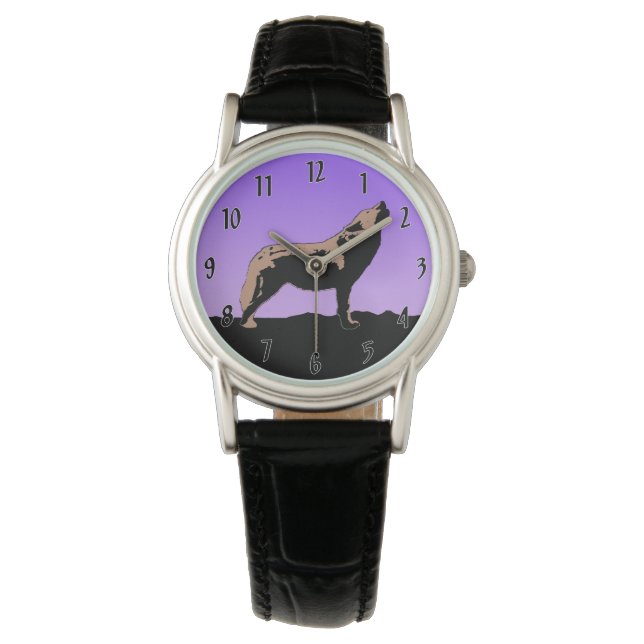 Howling Wolf at Sunset - Original Wildlife Art Armbanduhr (Vorderseite)