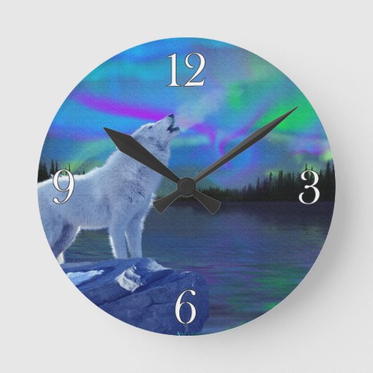 Howling Wolf & Aurora Naturerlebnis Schlemmerparad Runde Wanduhr (Vorderseite)