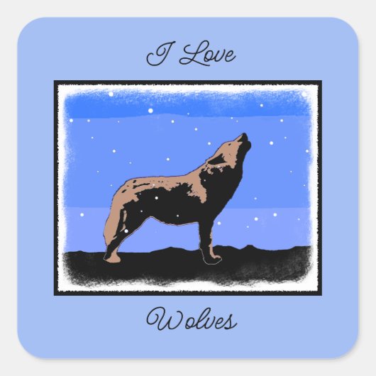 Howling Wolf im Winter - Original Wildlife Art Quadratischer Aufkleber (Vorderseite)