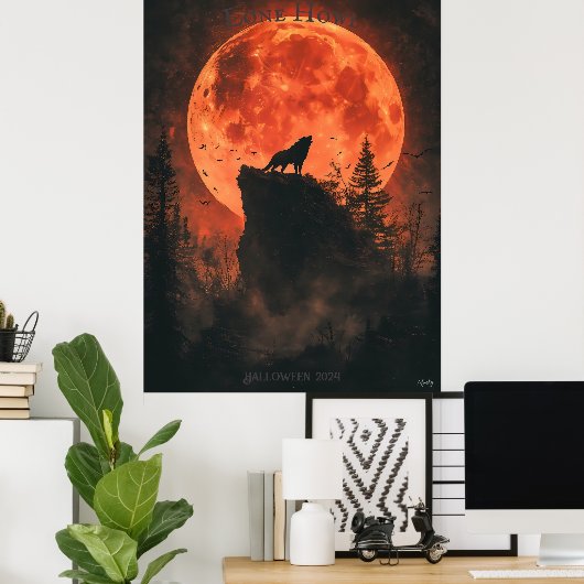 Howling Wolf Poster mit Blütenmond & Dunklem Wald (Heimbüro)
