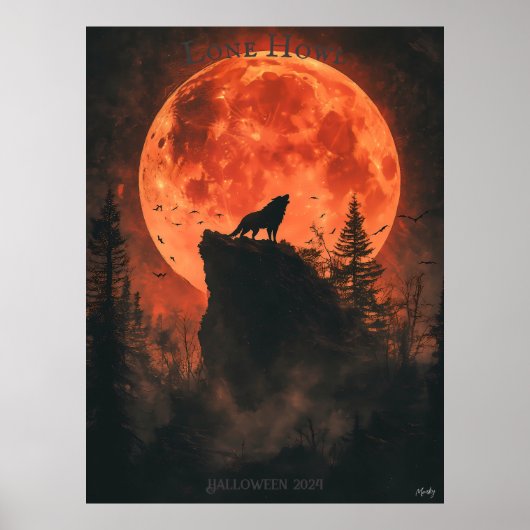 Howling Wolf Poster mit Blütenmond & Dunklem Wald (Vorne)