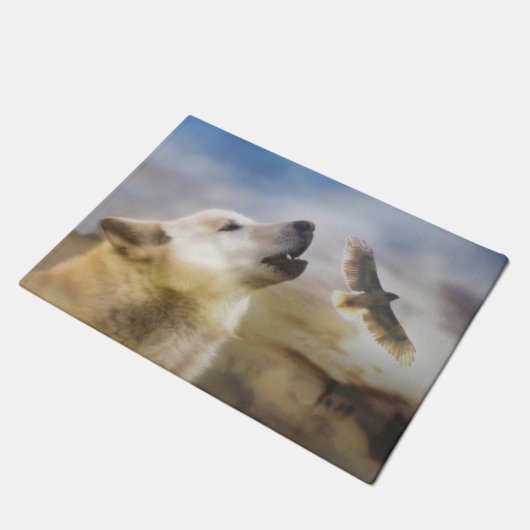 Howling Wolf Redtail Hawk Indianer Inspiriert Fußmatte (Schrägansicht)