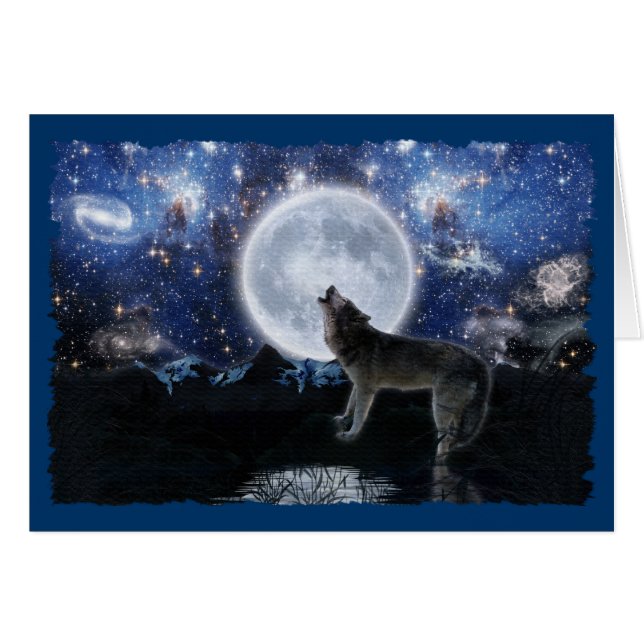 HOWLING WOLF, STARS & MOON Wildlife Card (Vorderseite (Horizontal))