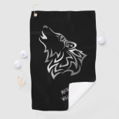Howling Wolf Tribal Black und Silver Monogram Golfhandtuch (Insitu)