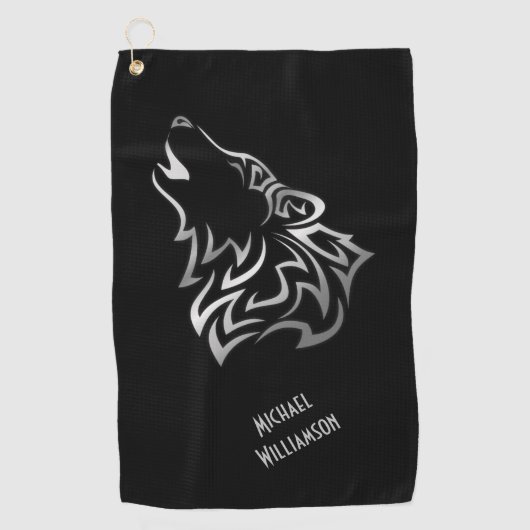 Howling Wolf Tribal Black und Silver Monogram Golfhandtuch (Vorderseite)
