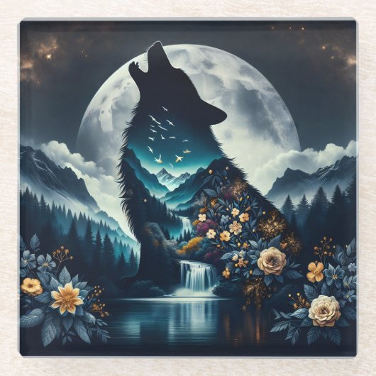 Howling Wolf | Vollmond Ai Art Glasuntersetzer (Vorderseite)