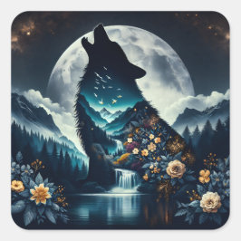 Howling Wolf | Vollmond Ai Art Quadratischer Aufkleber