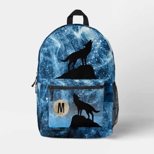 Howling Wolf Vollmond blau schwarz Custom Monogram Bedruckter Rucksack (Vorderseite)